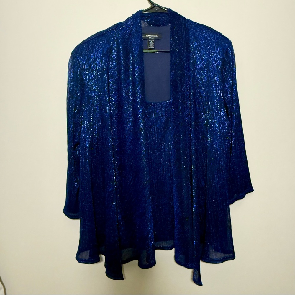 R&M Richards Woman Royal Blue Shimmer Open-Front Jacket Cardigan, Size XL